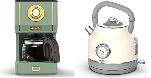 Amaste Cafetera verde y hervidor eléctrico retro blanco