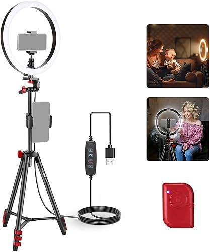 NEEWER Basics - Anillo de luz para selfie de 10 pulgadas con soporte de trípode/2 soportes para teléfono compatibles con iPhone/placa QR,
