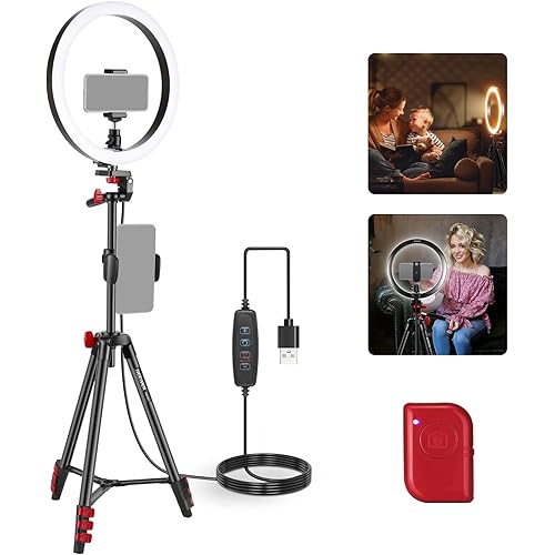 NEEWER Basics 10" Selfie Ring Light with Tripod Stand/2 Phone Holders Compatible with iPhone/QR Plate, Dimmable LED Ringlight Lighting for YouTube TikTok Vlog Video Recording Makeup Streaming, RP10-H