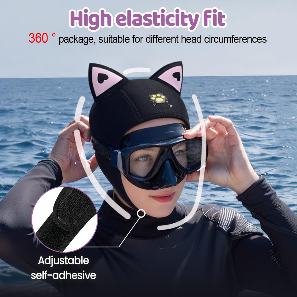 MiOYOOW Tauchkappe, wasserdichte Badekappe für Damen mit Klettverschluss und Katzenohren, Neopren Taucherkappe für Sommer und Winter zum Tauchen, Surfen und Rafting.