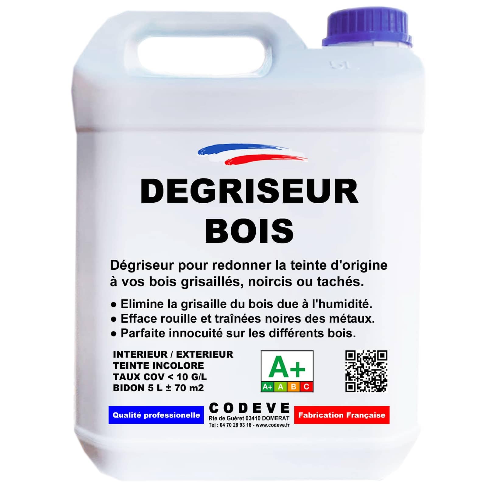 Degriseur Bois - Codeve Bois - 5L - Intérieur/extérieur - Pour Dégriser Un Bois Grisaillé, Noirci, Bruni Ou Taché Par L'humidité.