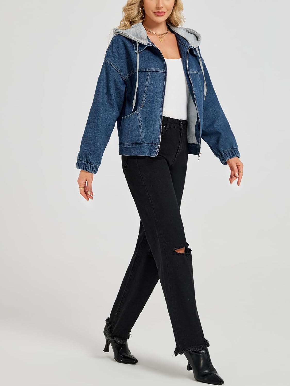 Womens Oversized Denim Jacket Hoodie Sherpa Fur Fleece Lined Casual Jean Jacket Trendy Streetwear Outwear - Image 6