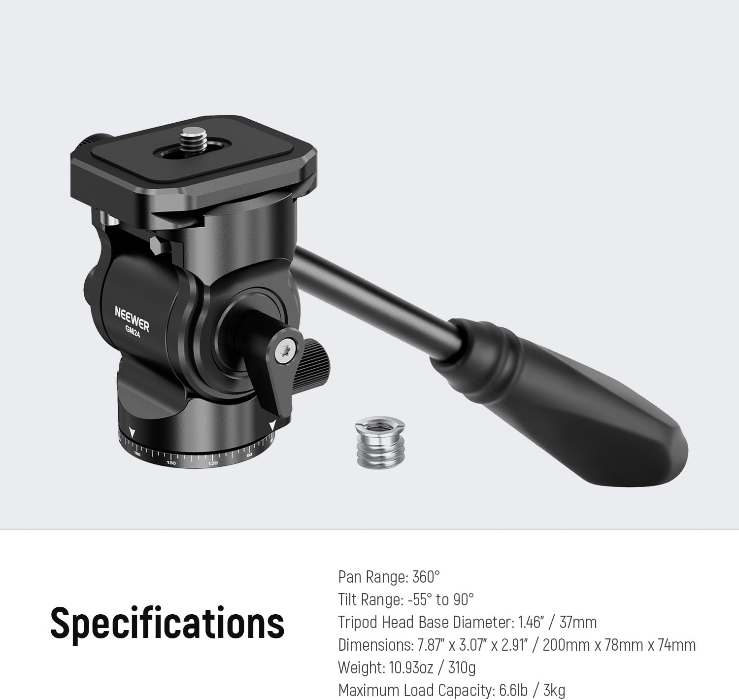 NEEWER Tripod Fluid Head with Quick Release Plate & Handle, Metal Pan Tilt Camera Tripod Mount Adapter Compatible with Arca Swiss for Compact Video Cameras DSLR, Load up to 6.6lbs, GM24 All Black