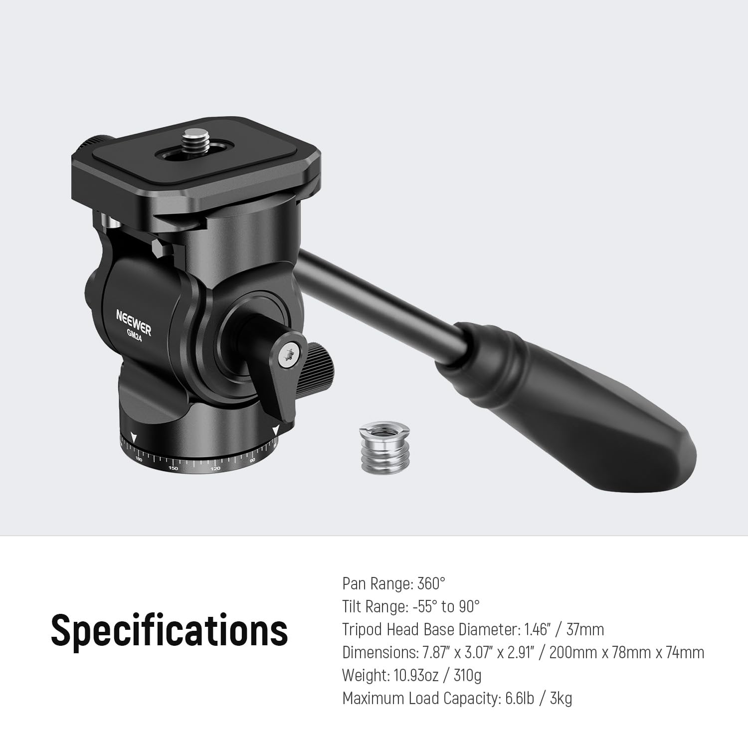 NEEWER Testa Fluida per Treppiede con Piastra Sgancio Rapido e Maniglia, Adattatore Treppiede Fotocamera Pan. Incli. Compatibile con Arca Swiss per Videocamere DSLR Compatte, Max 3kg, GM24 Tutto Nero