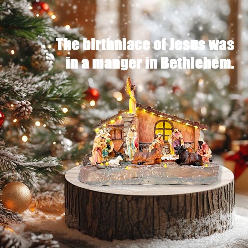 15inch Large Christmas Nativity Figurines, Resin Holy Family Manger Scene with LED Lights - Dual Rotation & Religious Music,USB Cable Included for Indoor Home Table Fireplace Holiday Decorations