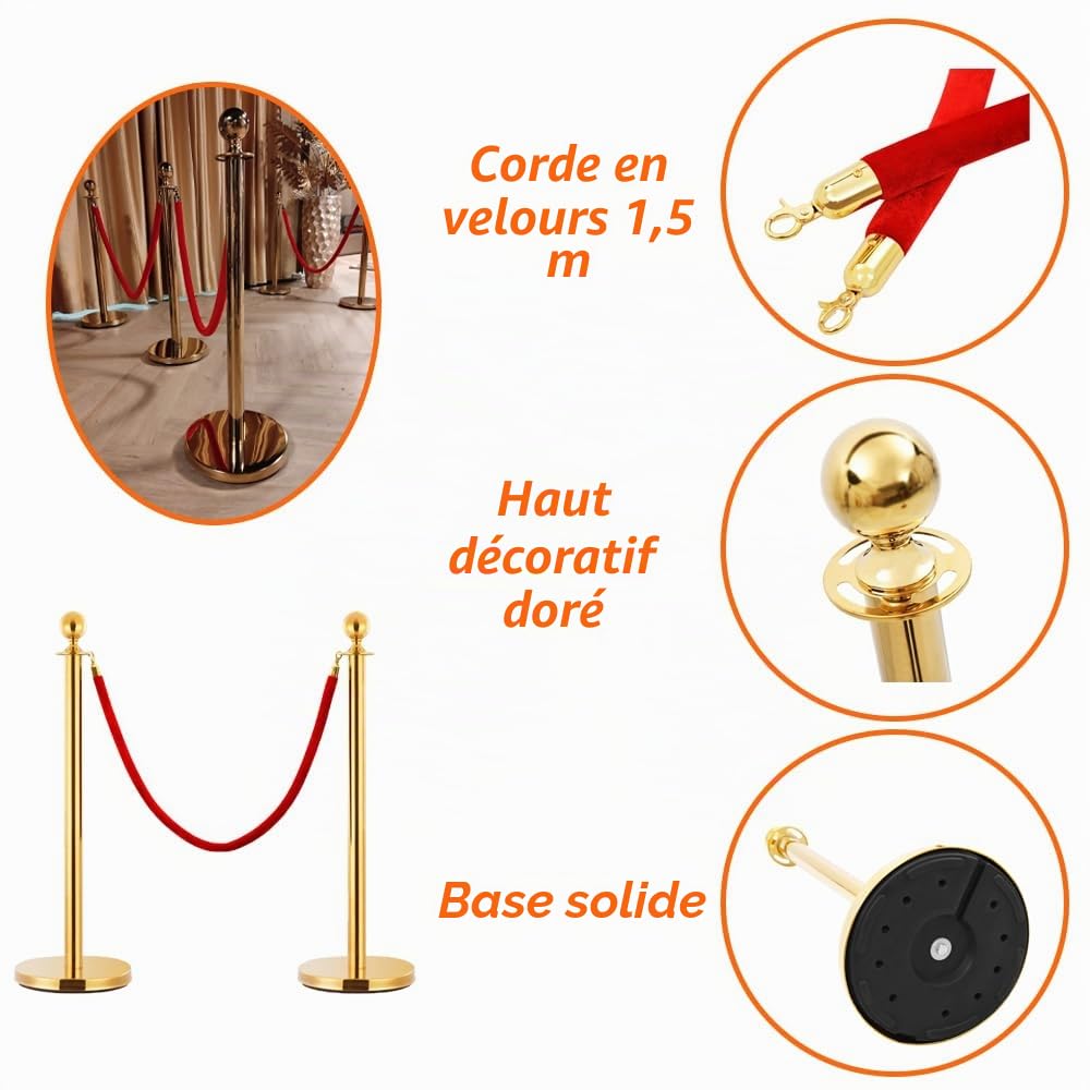 Vip Poteau de dépôt doré 3 pièces - Cordon rouge 150 cm - 6,5 kg par poteau - Poteaux de clôture pour mariage, restaurant et club