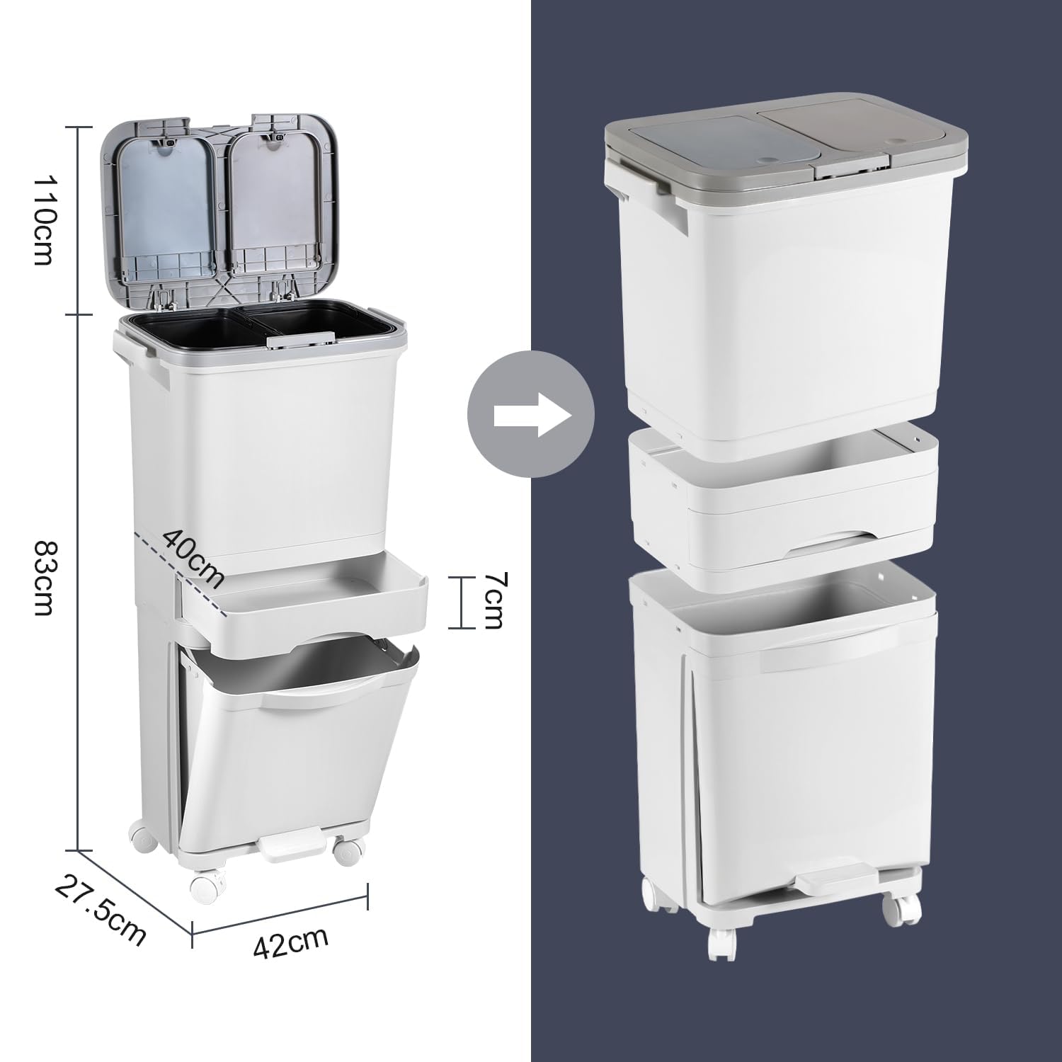 Pattumiera da cucina a 3 scomparti, 42L, separazione umido e secco, coperchio doppio, pedale, ruote, bianco