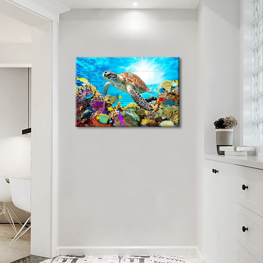 Canvas Wall Art for Living Room Bedroom Decor Sea Turtle Pictures Artwork Bathroom Coral and Fish Turtles Ocean Theme Stretched Framed Ready to Hang - Image 3