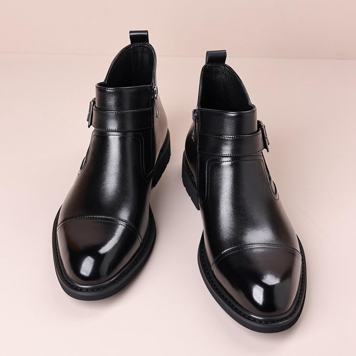 [Taopagii] チェルシーブーツ メンズブーツ サイドジップ ショートブーツ フラット バックル付き ビジネス 焦がし加工 ポ