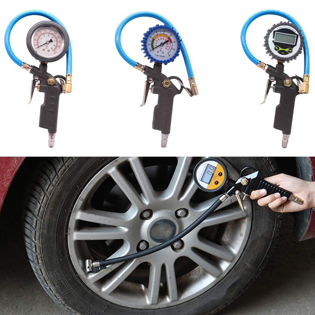 Manometr Manometr do opon samochodowych Miernik tarczowy Pistolet do pompowania pojazdu Samoblokujący uchwyt Inflator kompatybilny z Auto (zakres ciśnienia: wyświetlacz cyfrowy) (wyświetlacz cyfrowy