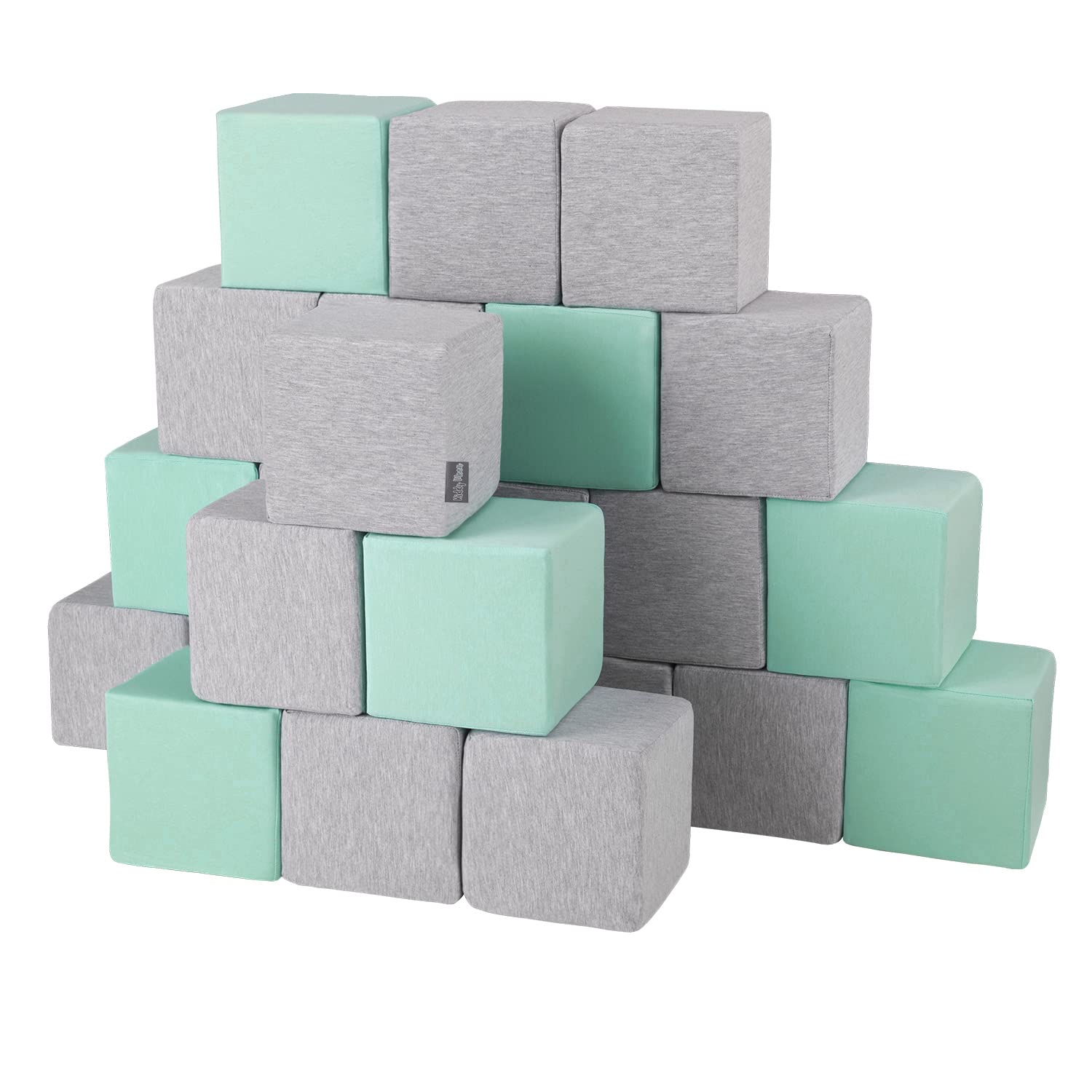 KiddyMoon Miękkie kostki piankowe klocki 14 cm dla dzieci wielofunkcyjna konstrukcja piankowa Montessori zabawka dla niemowląt, certyfikowana wyprodukowana w UE, 24 sztuki, kostki: jasnoszary-miętowy