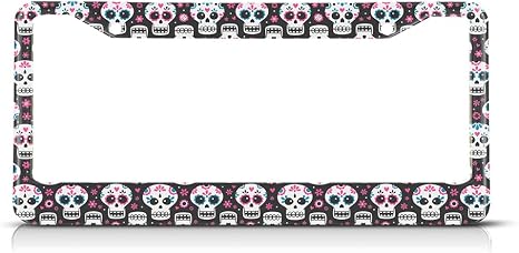 Flower Skull License Plate Frame Pink Flowers License Plate Holder Cute Funny Skulls Car Tag Frame License Plate Car Accessories 2 Holes Novelty Auto Car Tag Vanity Present