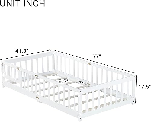 Miniatura 82 de Harper & Bright Designs Cama de suelo tamaño Queen con valla y puerta, marco de cama Montessori de madera para niños, niñas, listones incluidos, no