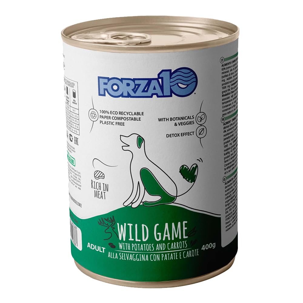 Selvaggina,Patate e Carote– Forza10 Cibo Umido per Cani Adulti di tutte le Taglie e Razze, Monoproteico, 12 Lattine x 400g, Alimento Completo Ricco in Carne.