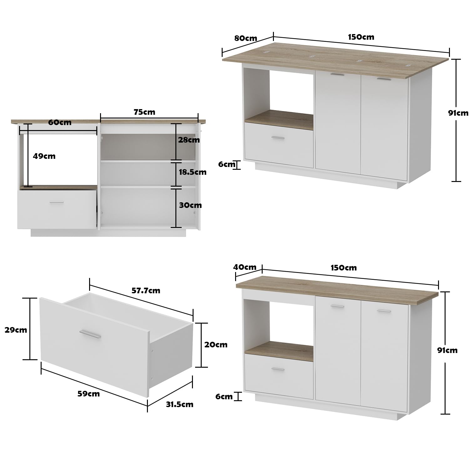 Kücheninsel mit Arbeitsplatte, Küchenschrank mit schubladen, Kücheninsel mit Verstellbare Regale, Buffetschrank, Holz&Weiß, 150 x 91 x 80 cm, MDF