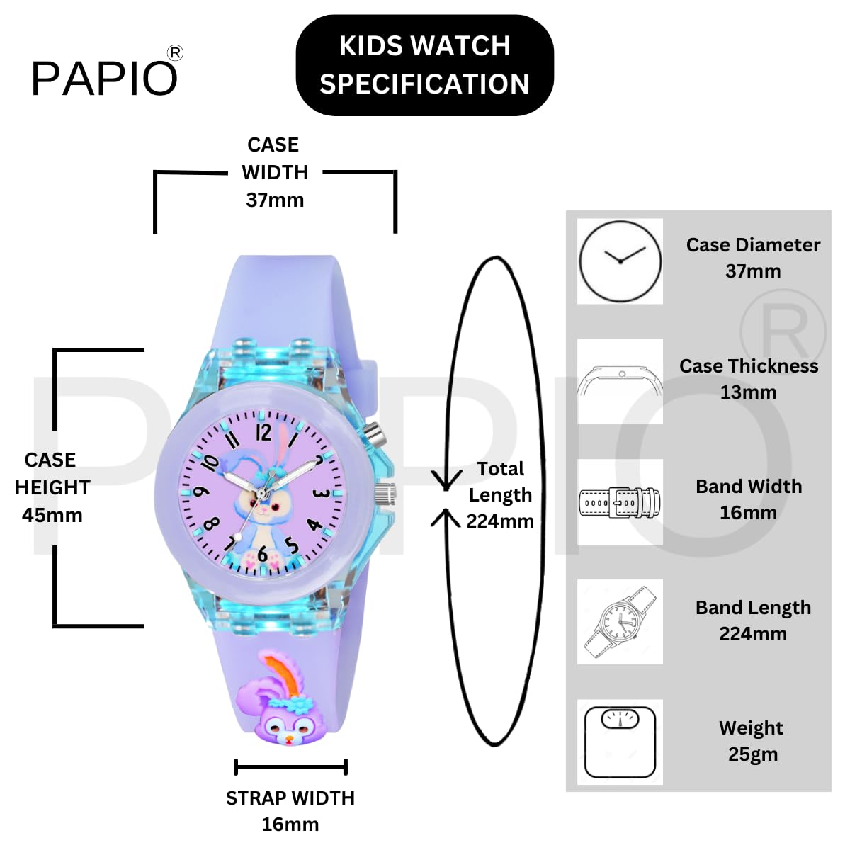 PAPIO® Purple Color Silicone Band Cute Cartoon Design Multi-Function 7 Color Light Analog Wrist Watch for Kids, Children, Boys, and Girls KD-032 2