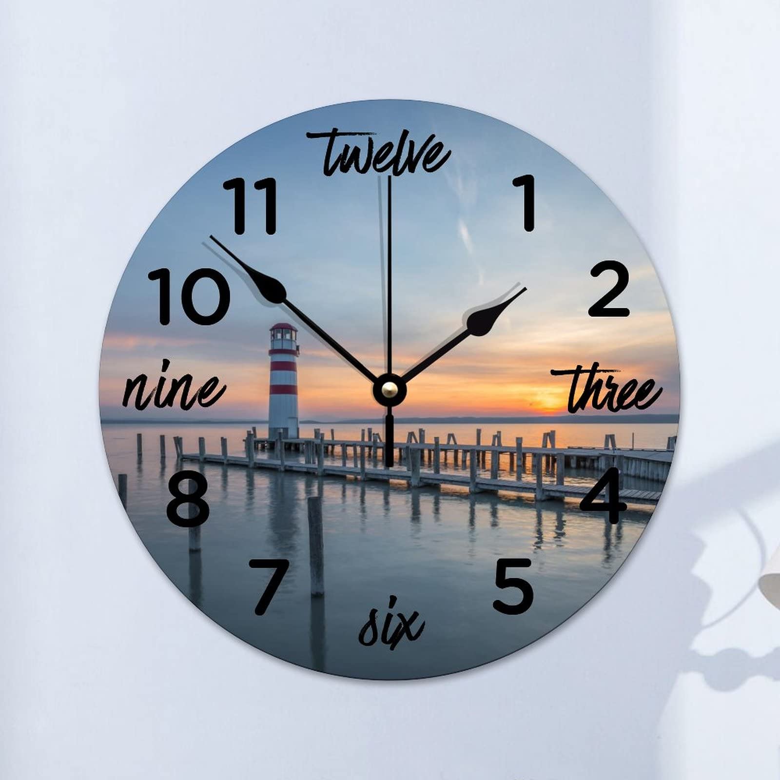 Horloge murale ronde en bois phare et coucher de soleil de 38 cm silencieuse pour salon