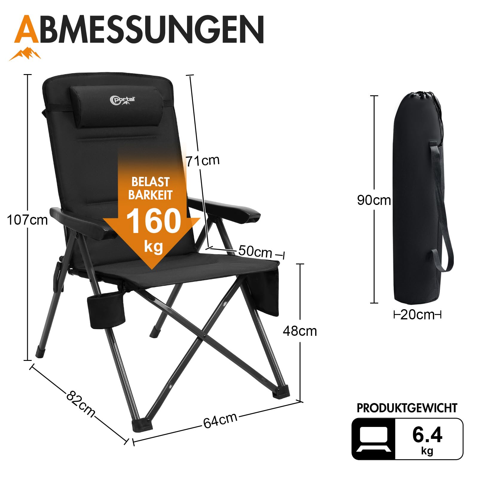Portal Campingstuhl Faltbar Rückenverstellbar in 3 Positionen Klappstuhl 160 KG Belastbar Hohe Lehne Camping Anglerstuhl Gartenstuhl Liegestuhl Alu für Garten Balkon Picknick