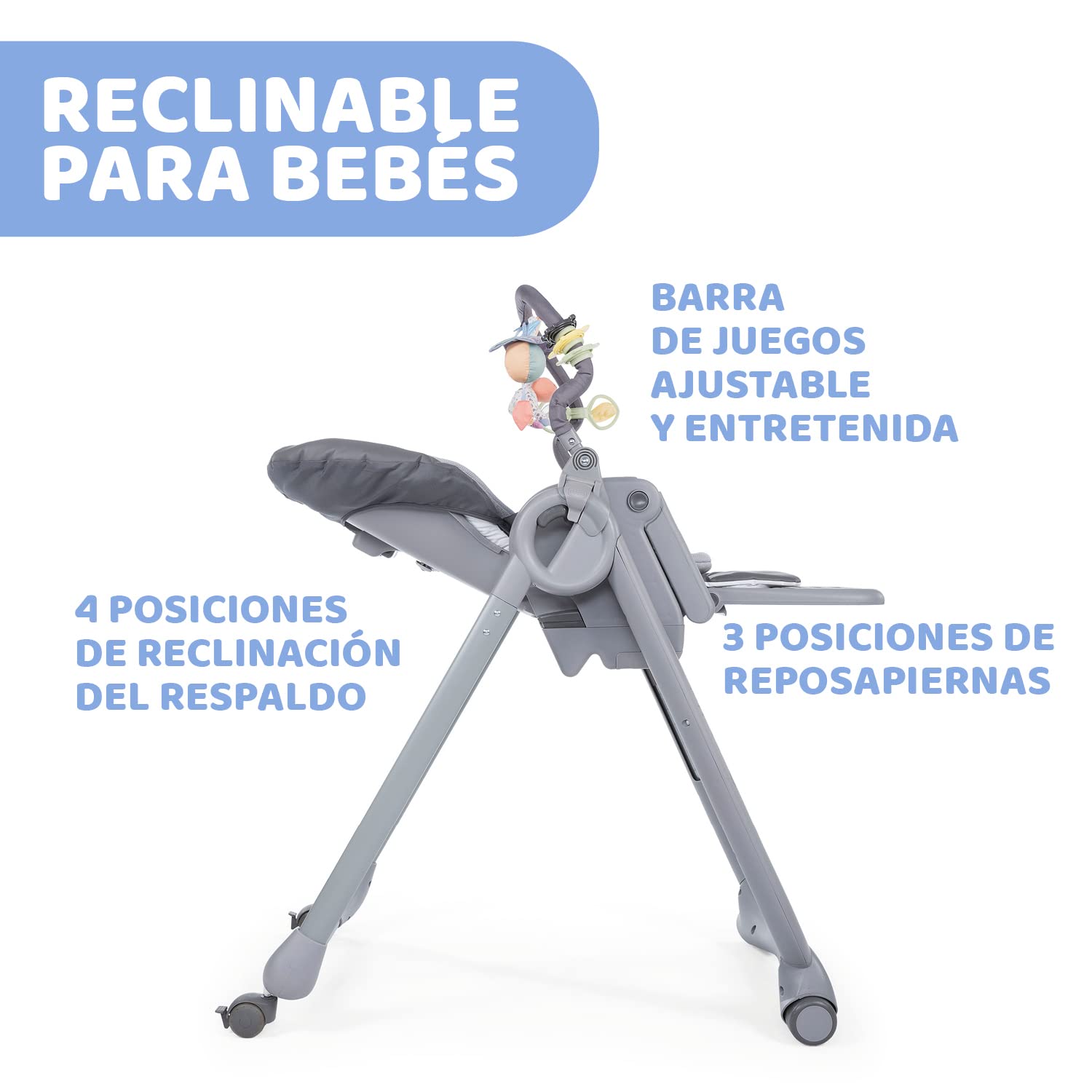 Chicco Polly Magic Relax Trona Evolutiva para Bebés y Hamaca Apta de 0 Meses a 3 Años (15 kg), Trona Compacta Totalmente Reclinable y Ajustable con 4 Ruedas, Barra de Juegos y Cojín Reductor - Gris
