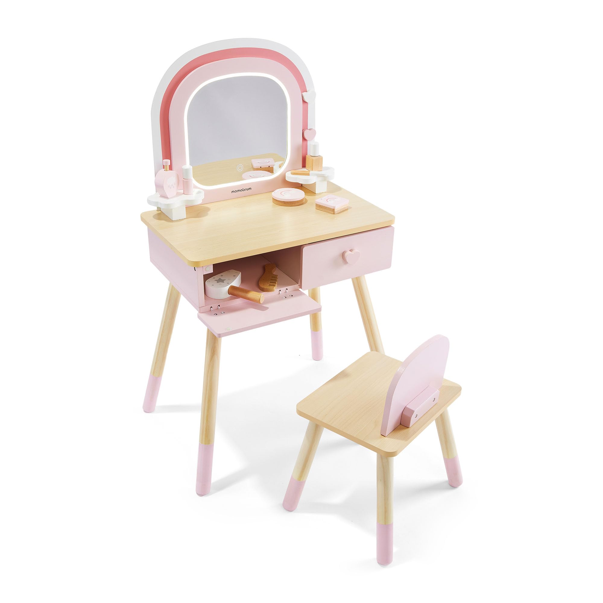 mamabrum Toeletta In Legno Per Bambini Con Specchio LED, Luce Regolabile, Sgabello E Accessori – Arredo Educativo E Creativo Ideale Per La Cameretta E Il Gioco Di Ruolo