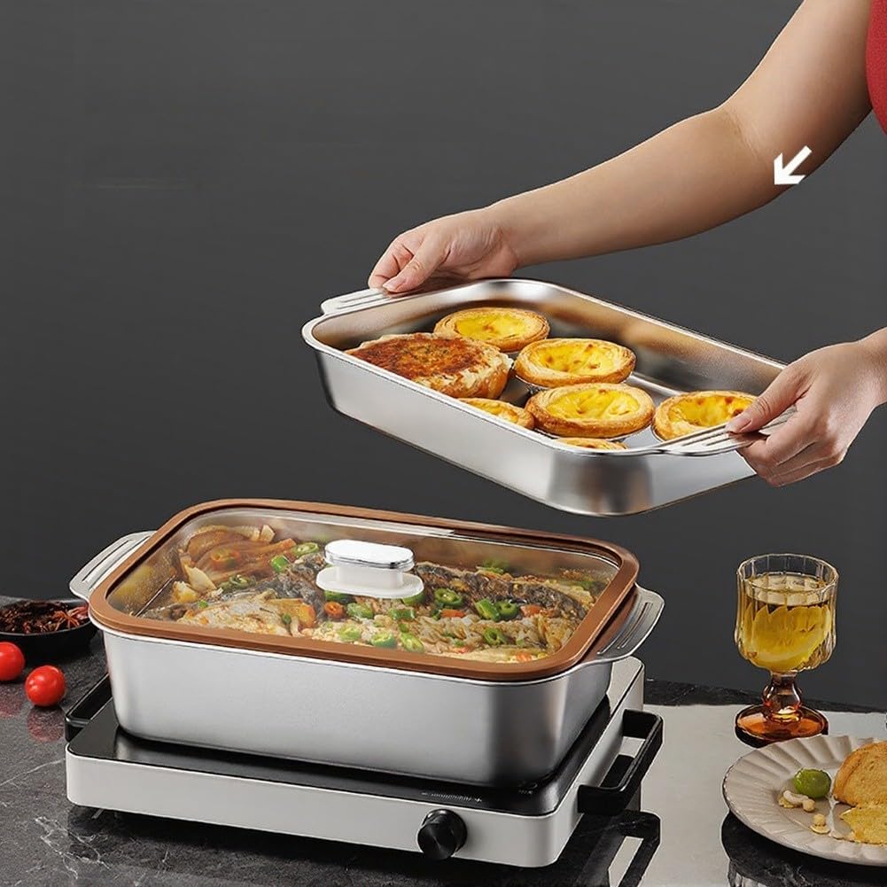 Padella rettangolare in acciaio inox, 45 x 27 cm, adatta al forno, per fiamme libere e a induzione, marrone
