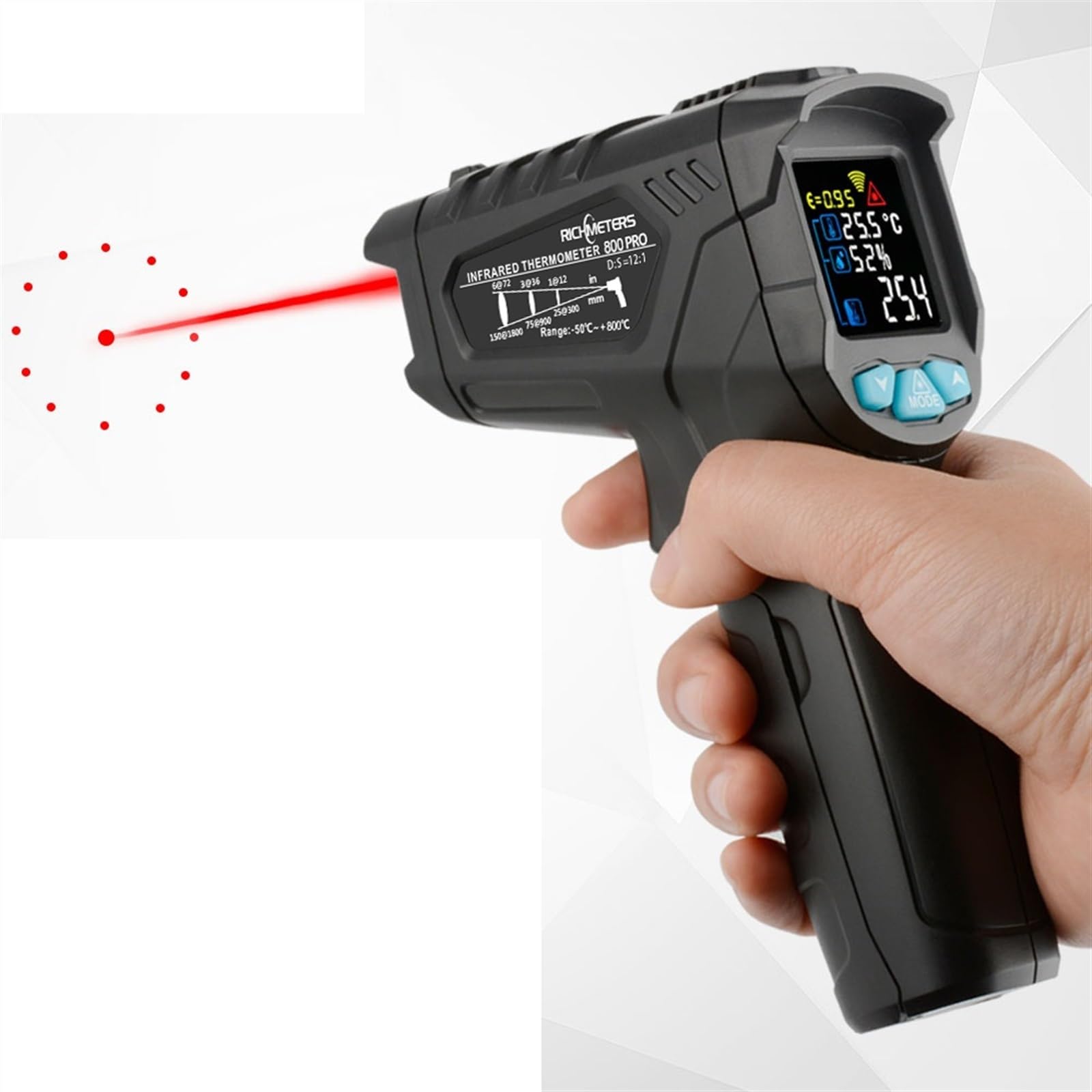 Bezdotykowy termometr na podczerwień cyfrowy pirometr przemysłowy-50 ~ 800C akwarium IR pistolet temperatury (RM800Pro)
