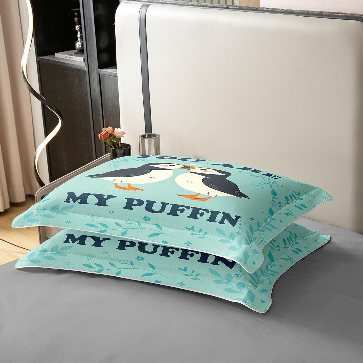 Homewish Pärchen Papageientaucher Baumwolle Bettwäsche 220x240 Frisch und Romantisch Mintgrün Bettbezug Cartoon Tiere Puffin Bird Bettwäsche Set Pflanzen Blätter Blumen Herz Dekor Bedding Raumdekor