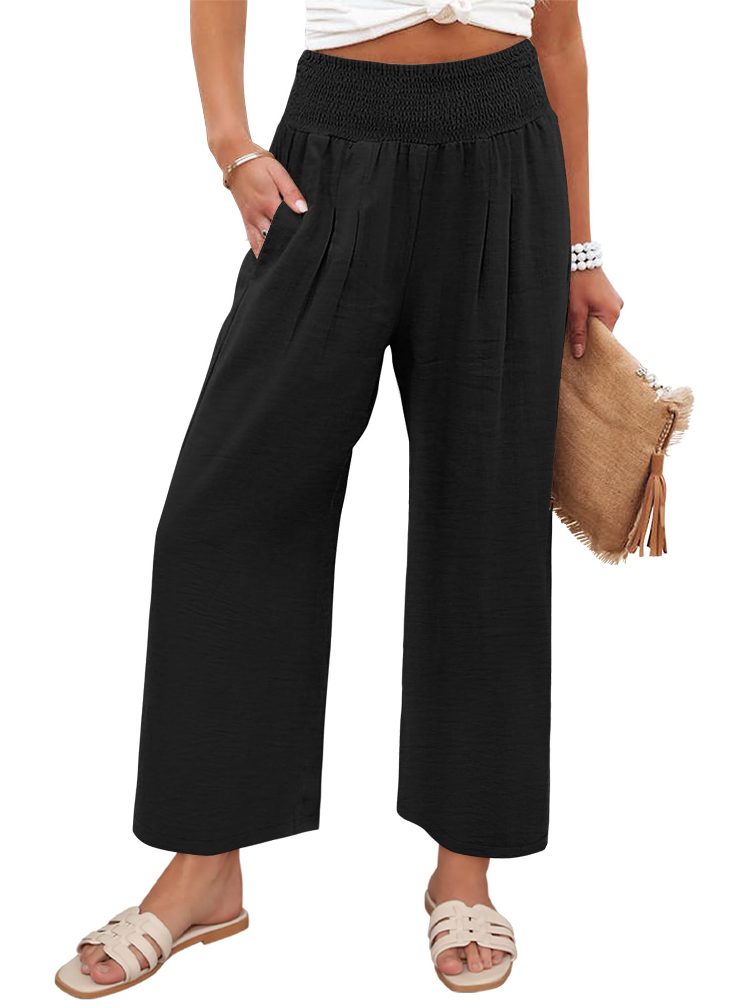 Angerella Womens Wide Leg Pants Casual High Waisted Palazzo Pants Summer Flowy Beach Lounge Trousers with Pockets