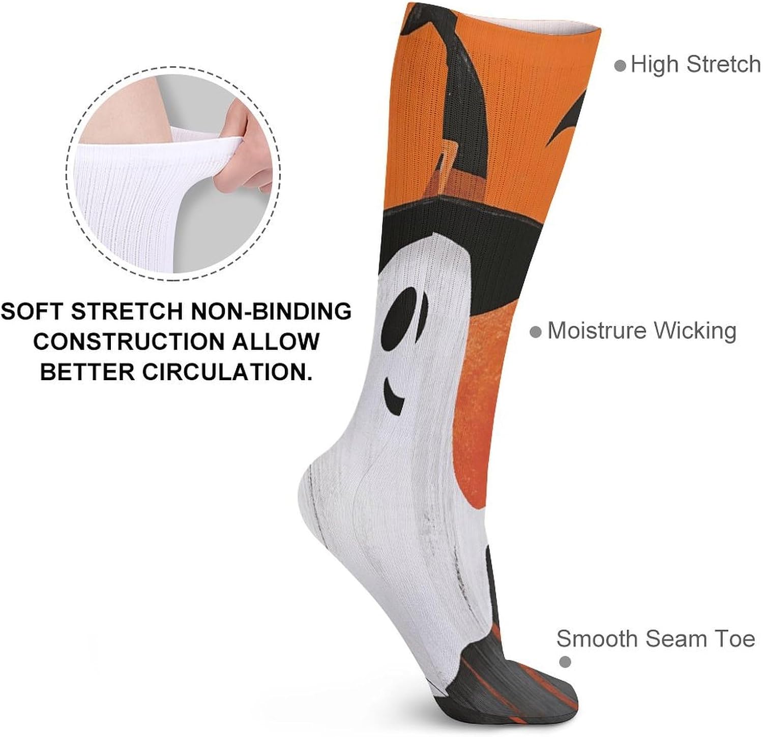 Halloween Smiling Ghost Crew Socks Casual Breathable Calf Socks | Cushion Running Athletic Socks Long Performance Breathable Sports Socks for Women Men