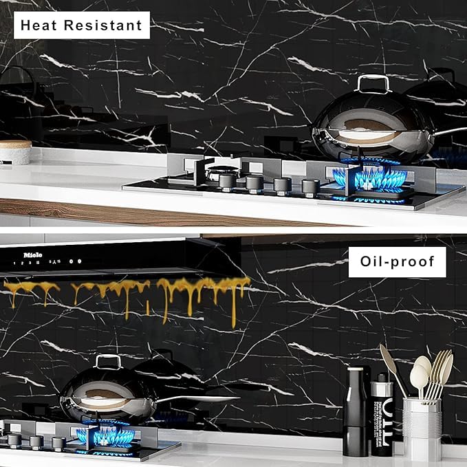 Image of KBR Self-Adhesive PVC 3D Wall Sticker Oil Proof and Waterproof, Kitchen Backsplash Black Stickers Wallpaper for Hotel, Living Room, Bedroom & Cafe Walls (60cm x 200cm, Pack of 2)
