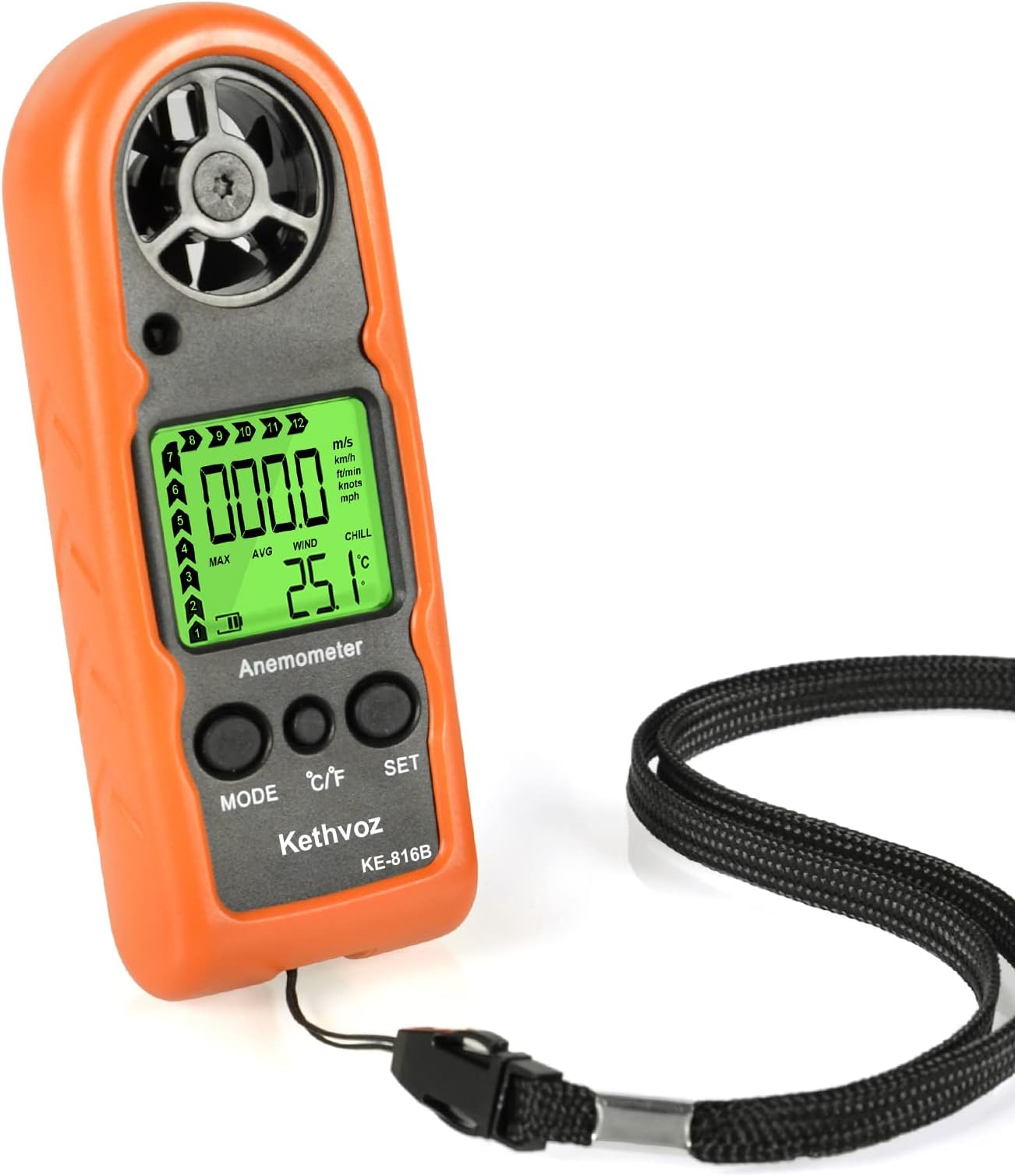 Anemometer Handheld Wind Speed Meter, Mini Wind Tester Kethvoz 816B Windometer with Max/Average/Current Mode to Measure Air Flow Velocity Temperature for Drone Boat Outdoor Windsurfing Sailing Golf