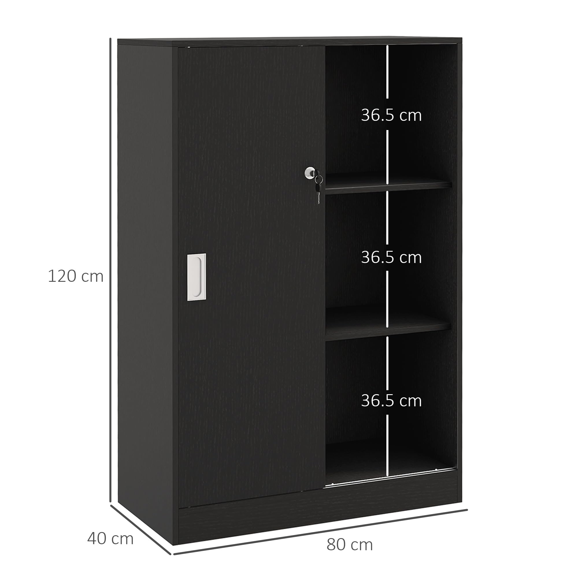 HOMCOM Armadietto da Ufficio a 3 Ripiani e ad Anta Doppia, Mobiletto Armadio da Ufficio in Legno, Mobiletto Multiuso con Chiusura e 2 Chiavi di Sicurezza per Studio, Garage e Soggiorno, Nero