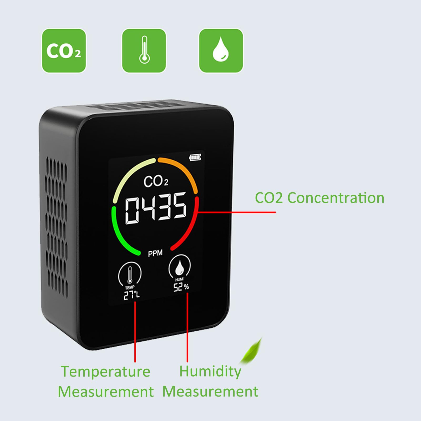 Détecteur de CO2, Capteur de CO2 400~5000PPM avec étalonnage Automatique, Capteur d'humidité de la Température avec Affichage Numérique (Noir)