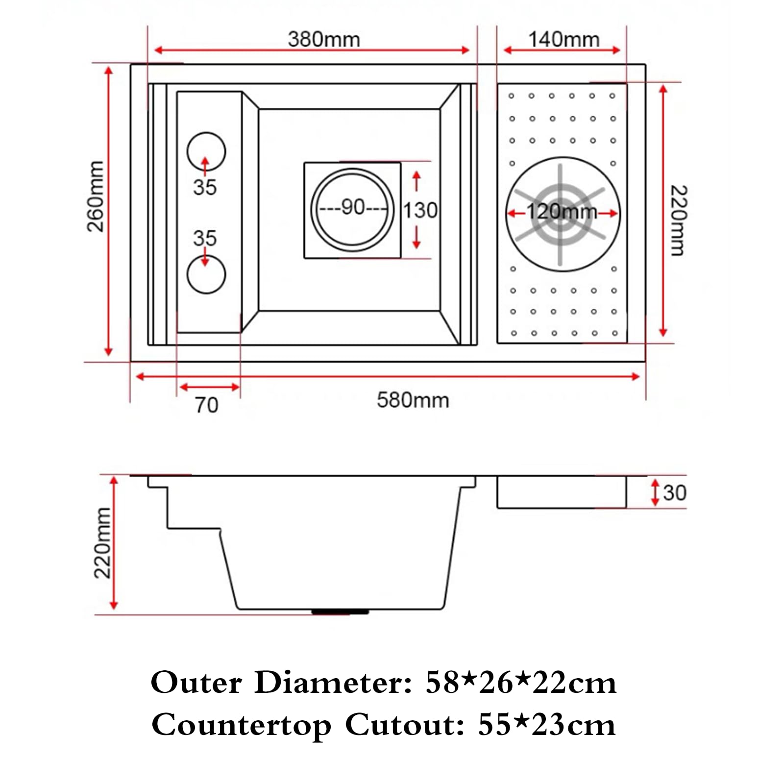 Fregadero de cocina compacto que ahorra espacio con grifo, diseño invisible para baños pequeños y hogares, 58 x 26 x 22 cm, perfecto para instalación en encimera, moderno y funcional