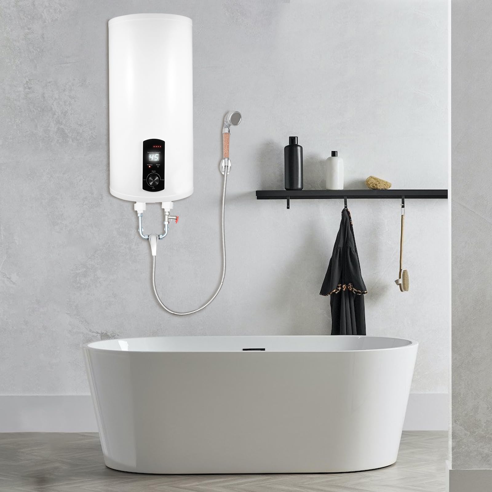 Scaldabagno Elettrico Verticale 80L Schermo Digitale 2000W Parete | 2000 W, IPX4, viene fornito con doccetta e rubinetto, installazione a parete - cucina, bagno, caravan, casa.