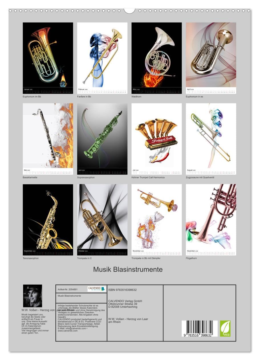Musik Blasinstrumente (hochwertiger Premium Wandkalender 2026 DIN A2 hoch), Kunstdruck in Hochglanz: Noten, Instrumente, Musik begeistern und bereichern unsere Seelen. (CALVENDO Hobbys)