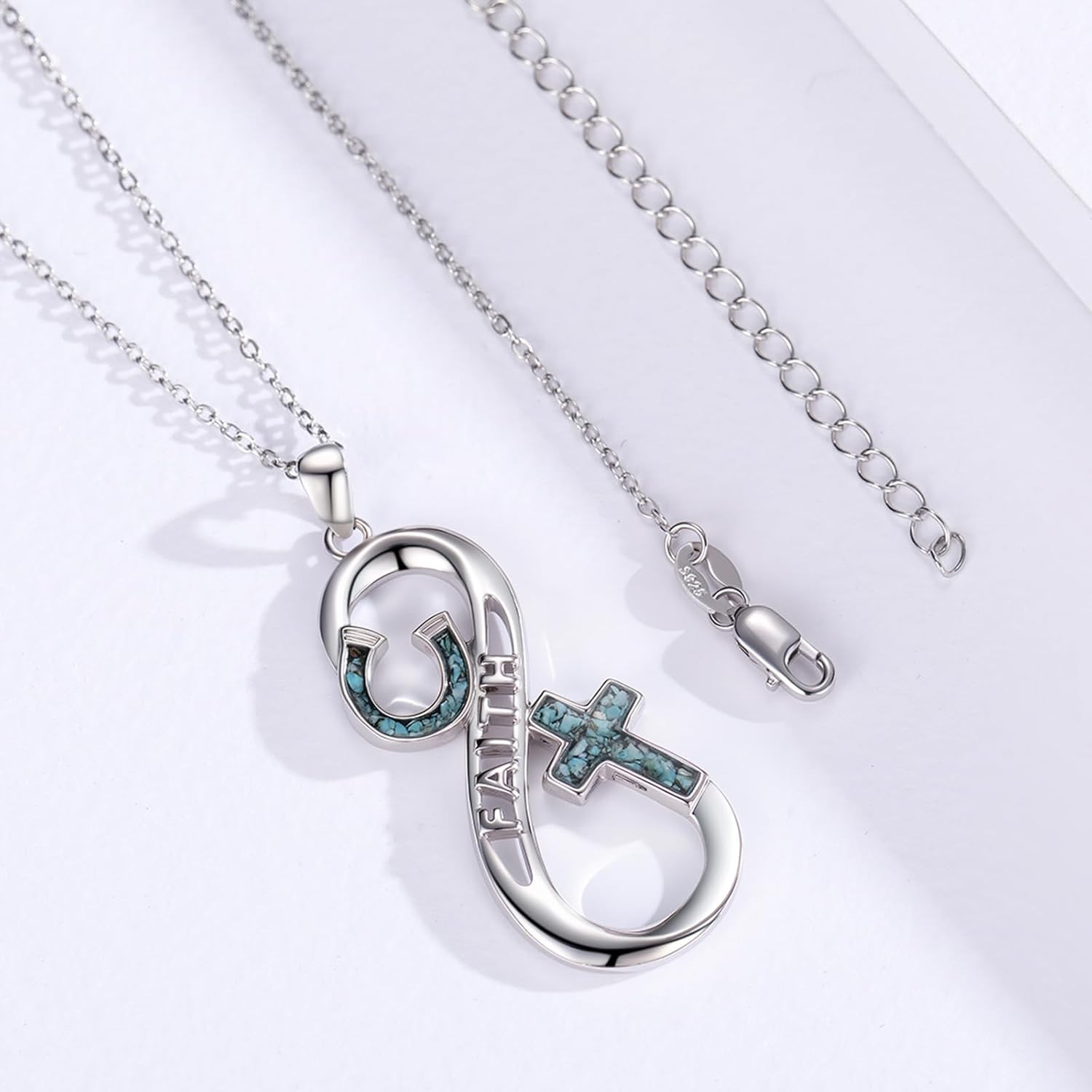 MEDWISE Lucky Infinity Cross Horseshoe Necklace for Women S925 Sterling Silver Faith Horseshoe Faith Pendant with Turquoise Good Luck Charm Jewelry for Horse Lover Mother Wife Birthday Christmas Gifts - Image 2
