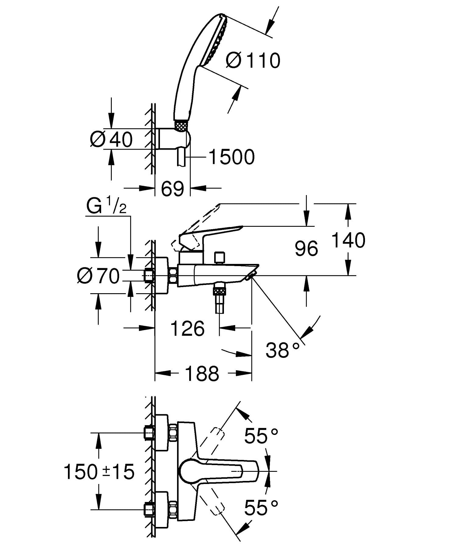 GROHE Start Mitigeur Monocommande Bain/Douche, Douchette 1 jet, Support de Douche Mural Universel, Flexible 1,5m, Economie d'Eau, A coller avec GROHE QuickGlue ou à visser, Chromé, 25283002