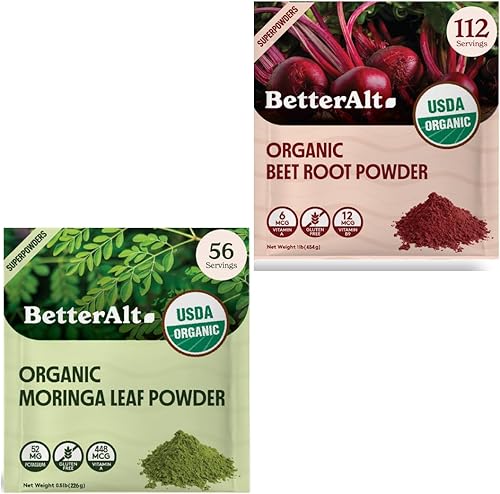 Better Alt Polvo de raíz de remolacha orgánica (1 libra) y polvo de moringa orgánica (8 onzas), combo de superalimentos para una mejor salud,