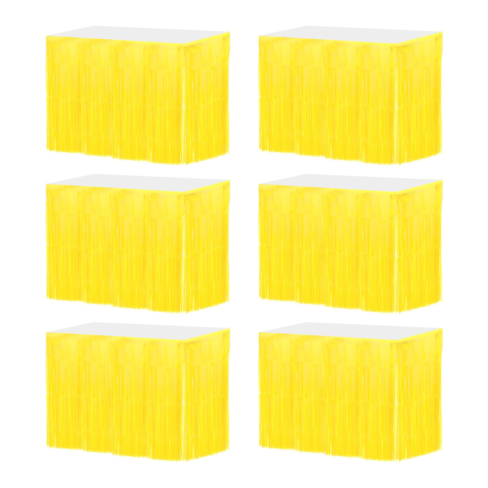 MECCANIXITY 6 Pcs 29x108 Inch Light Yellow Metallic Foil Fringe Tinsel Table Skirts for Rectangle Tables Tinsel Backdrop Curtain for Wedding Birthday Party Decoration