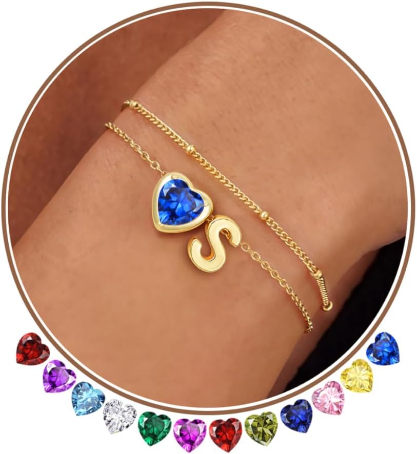 Heart Initial Birthstone Bracelets for Women- Dainty 14K Gold Plated Heart Letter A-Z Charm Layered Bracelet Trendy Jewelry Gifts, Birthday Gifts for Women