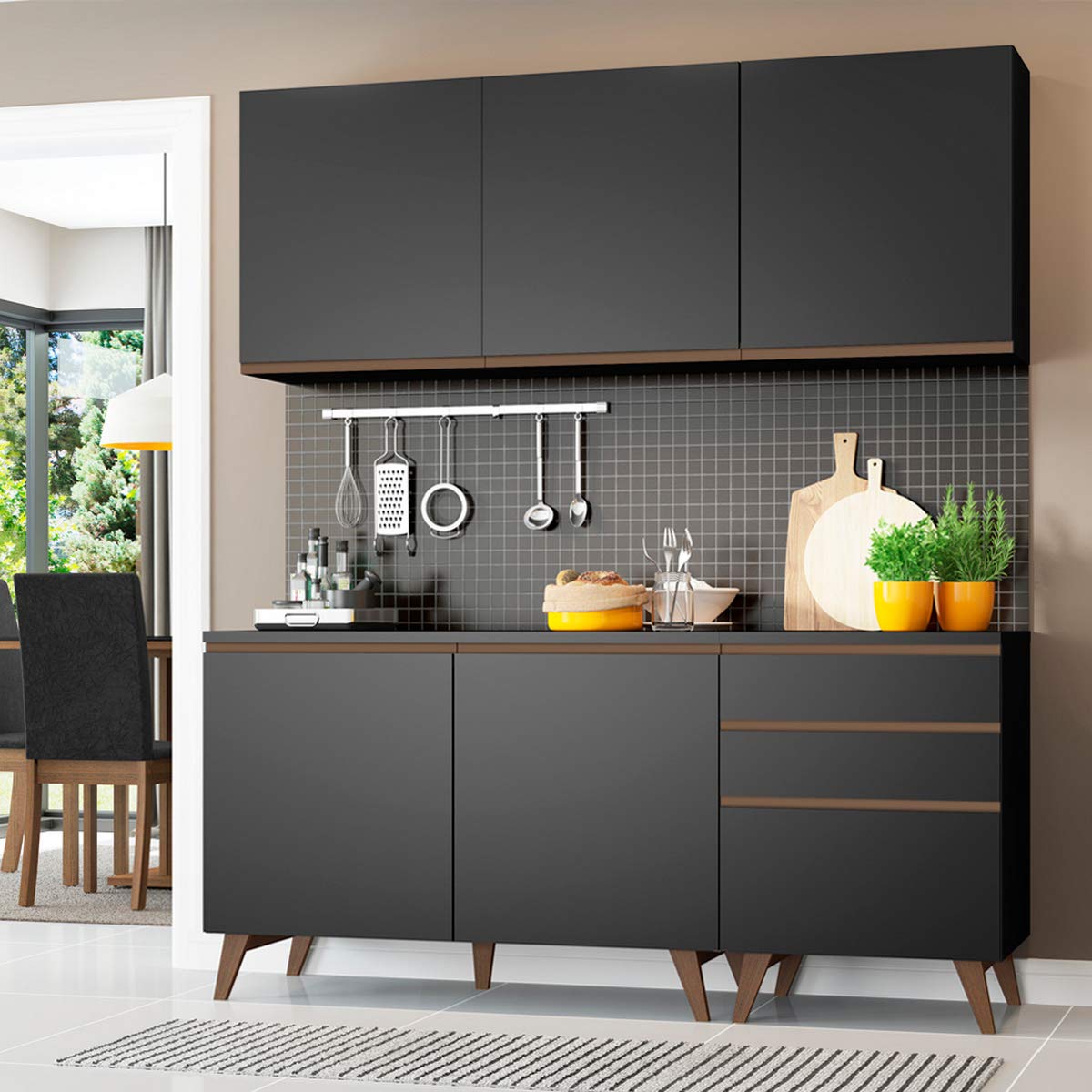 Madesa Full Modular Kitchen Complete Set with Cabinets Ample Storage 180 Cm Wide with Multiple Compartments, Wall Hang, 3 Cabinets, 3 Pull-Out Drawers - Black-image-19