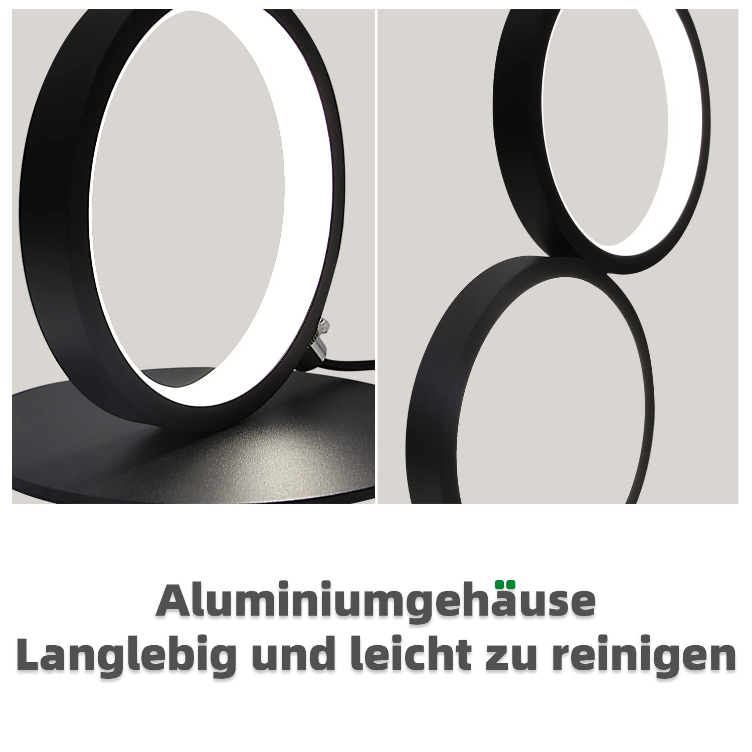 GBLY 2x LED Tischlampe Dimmar Modern Nachttischlampe Schwarz | Schreibtischlampe in Ringform aus Aluminium 12W Deko Nachtlampe mit 2 9M Kabel und EU Stecker Schlafzimmer Wohnzimmer Büro