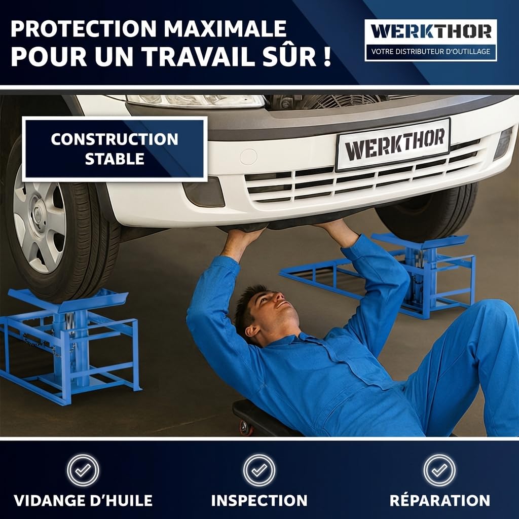 WERKTHOR Rampe de Levage Voiture Hydraulique [Blau Lot de 2] – Rampes Voiture avec Soupape de Sécurité Jusqu’à 3T – Rampe Voiture Réglable en Hauteur – Pont Élévateur Voiture Compact