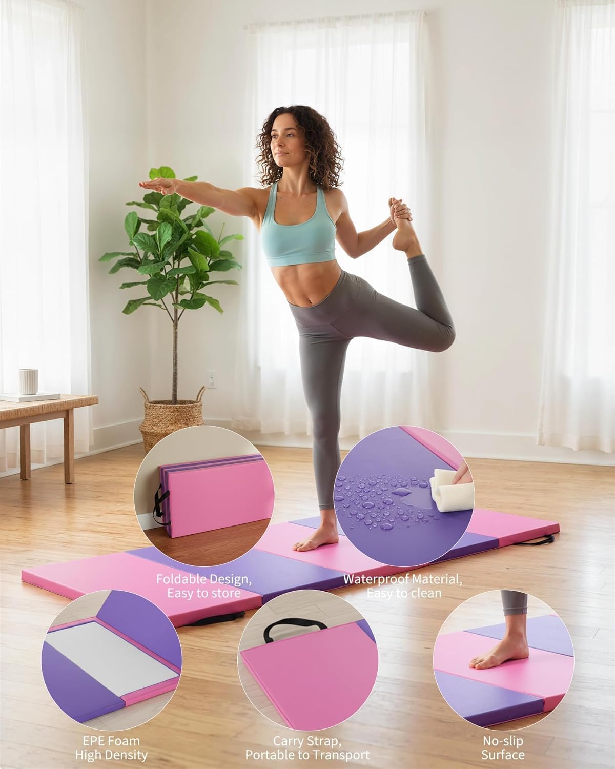 Faltbare Gymnastikmatte, 180 x 60 cm (vierfach) / 185 x 78 cm (fünffach) dick, tragbare Übungs- und Tumblingunterlage für Heim-Fitnessstudio/Pilates/Aerobic und Kampfsport-Training