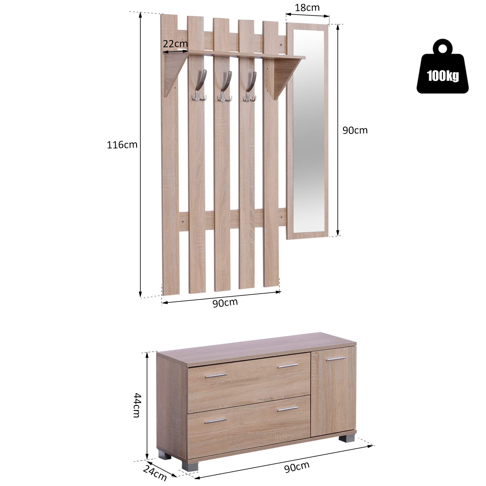 HOMCOM Conjunto de Recibidor de Entrada con Espejo Perchero y Zapatero Muebles de Entrada con 3 Ganchos Estante y 2 Cajones para Pasillo Roble