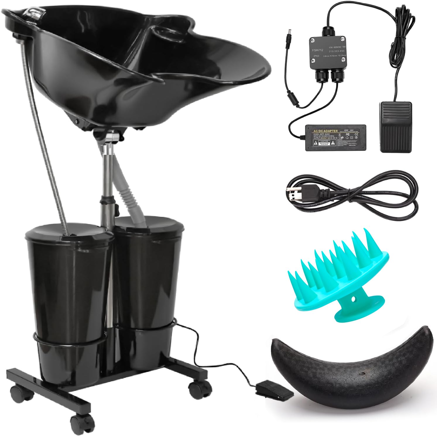 Portable Shampoo Bowl with Pump, Bundle Double Barrel Washing Sink for Salon, Home Services, Barbershop, Stylist Hair, Wash Shampoo Bowl with Massage Brush, Shower Hose and Neck Rest, Basin Unit Set