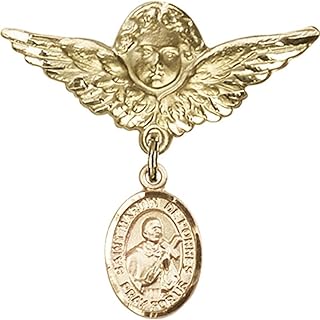 14kt Yellow Gold Baby Badge with St. Martin de Porres Charm and Angel w/Wings Badge Pin 1 1/8 X 1 1/8 inches