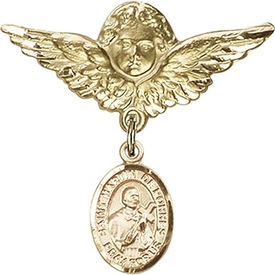 Gold Filled Baby Badge with St. Martin de Porres Charm and Angel w/Wings Badge Pin 1 1/8 X 1 1/8 inches