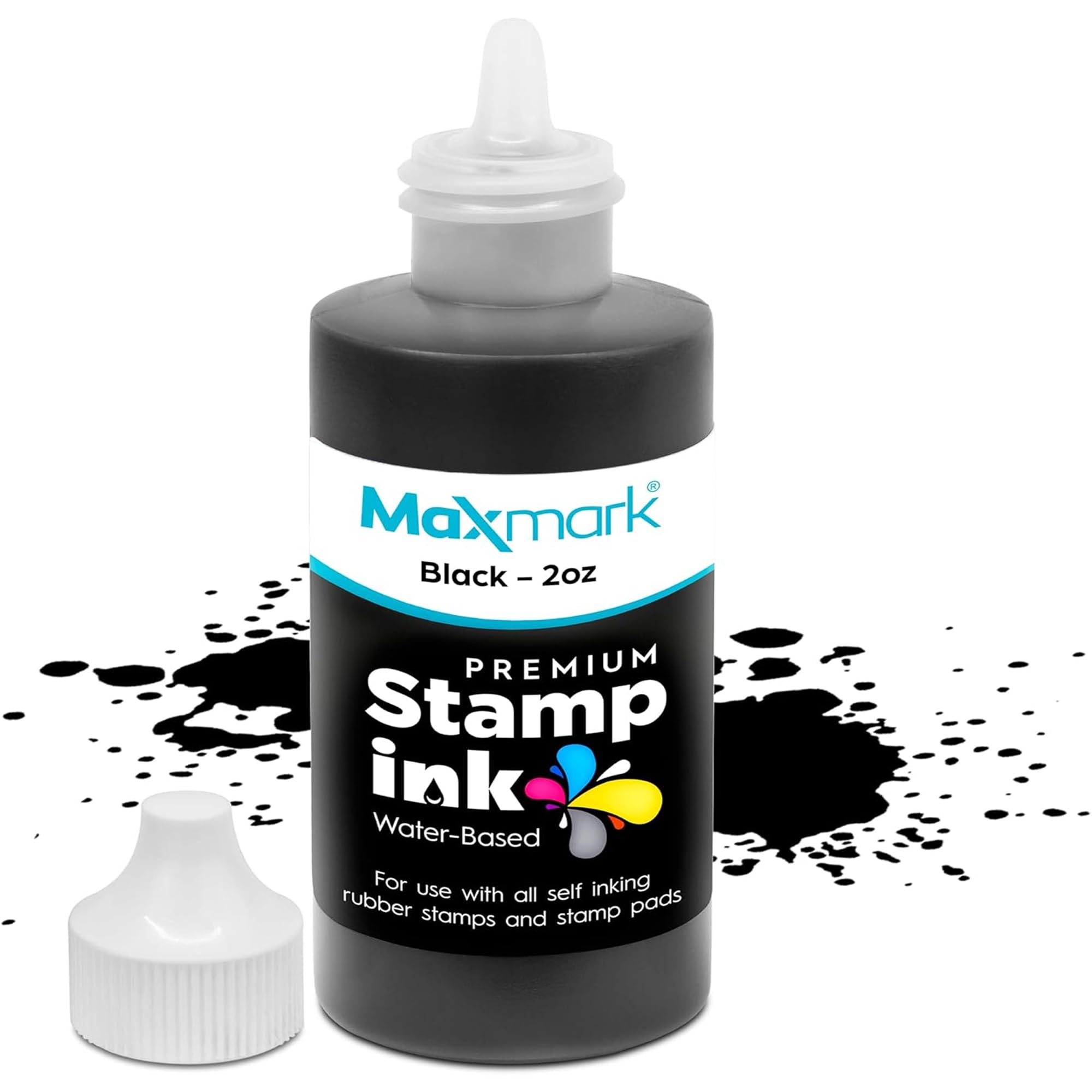 MaxMark Premium Refill Ink with Control Tip Bottle for Self-Inking Stamps, Black Color - 2 oz.